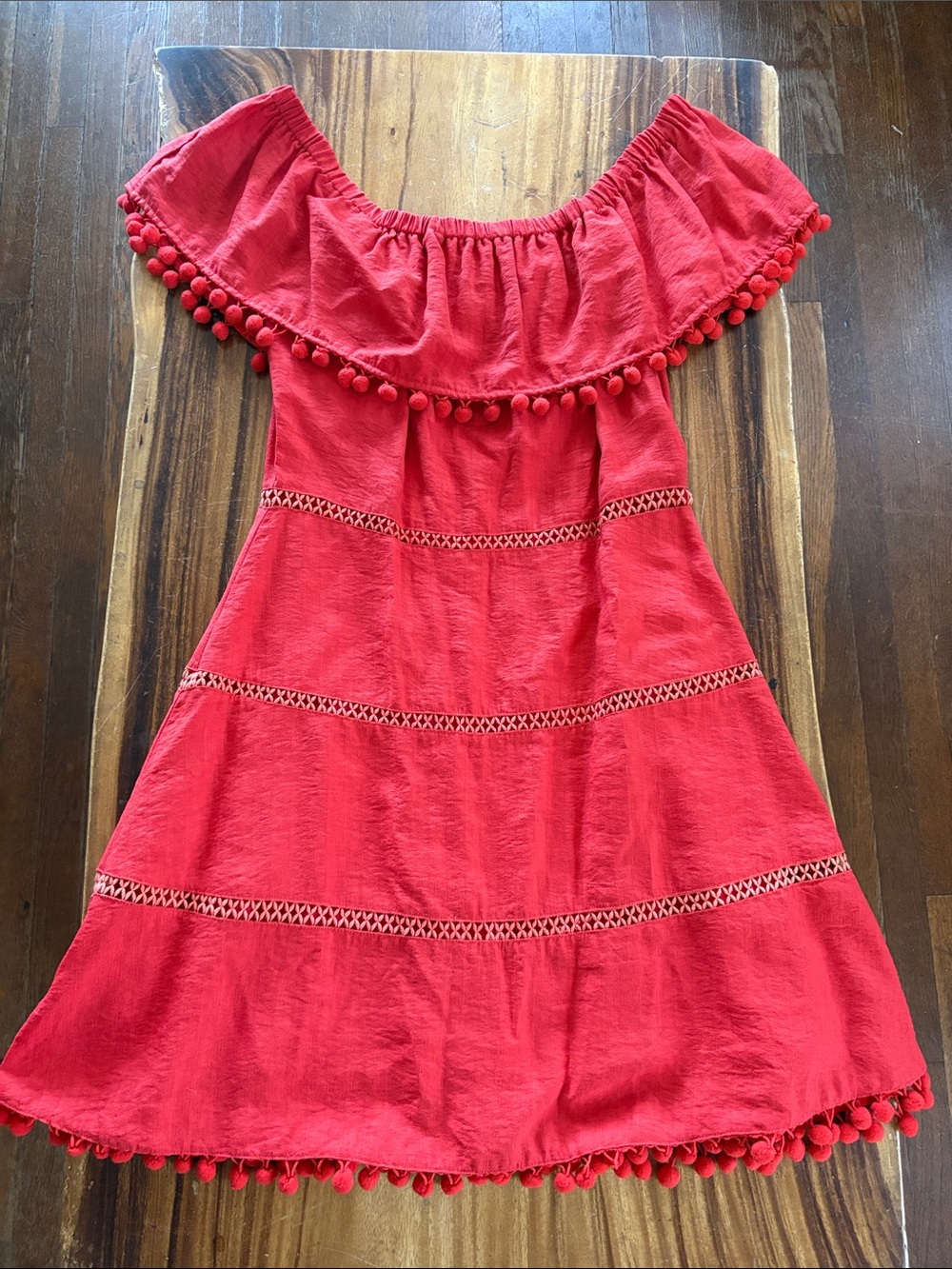 SURGAR LIPS Coral A-line dress with ruffle and ball detail